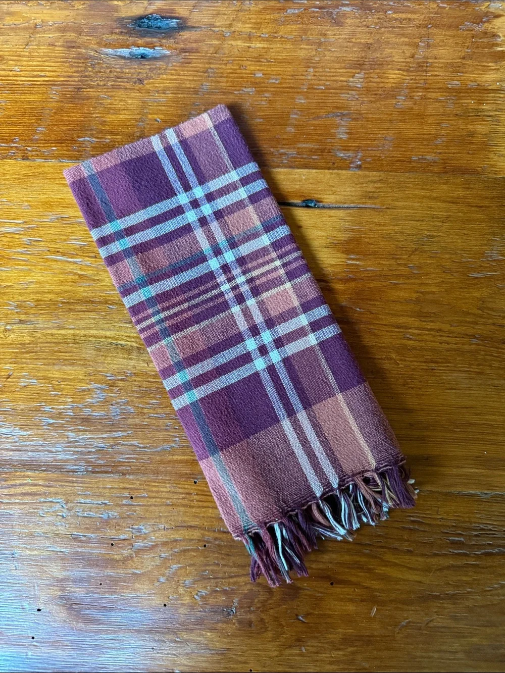 🍂 8 Plaid Fringe Set of Burgundy and Orange Cotton Napkins